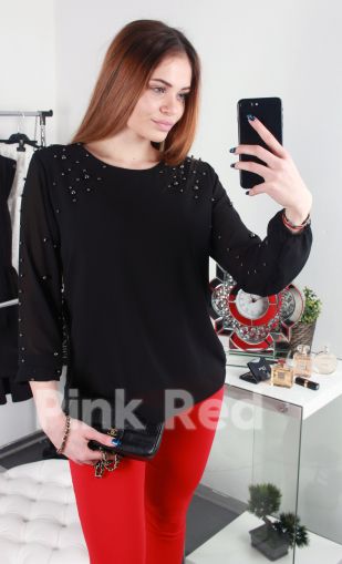 Ефирна черна блуза от шифон с дълги ръкави и мъниста