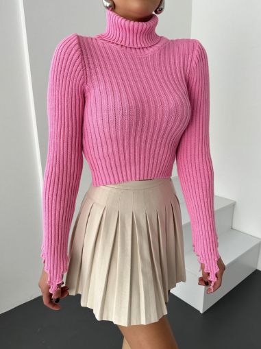 Пуловер с поло-яка  в розово - код 7015