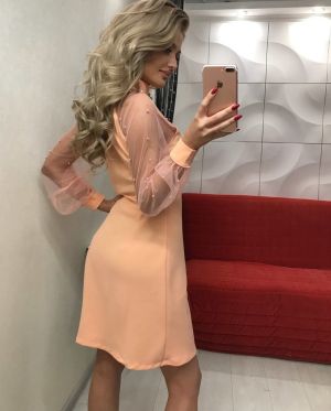 Дълга рокля за поводи с прозрачни ръкави в нежно розово