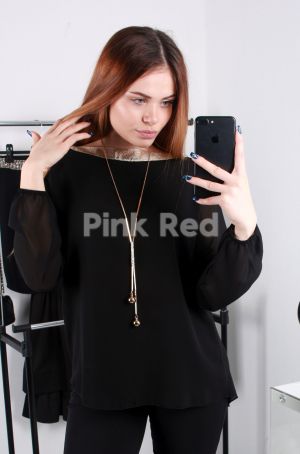 Черна блуза от шифон в свободен стил с бижу и ефектно деколте - код 564