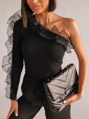Дамска блуза с едно рамо и тюл в черно - код 2014