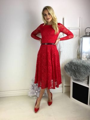 Дантелена рокля в  ярко червено - код 2772